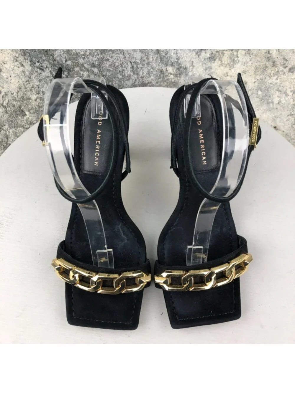 Good American Women' Size 9 Black Gold Chain Ankle Strap High Heel Sandals SPAIN